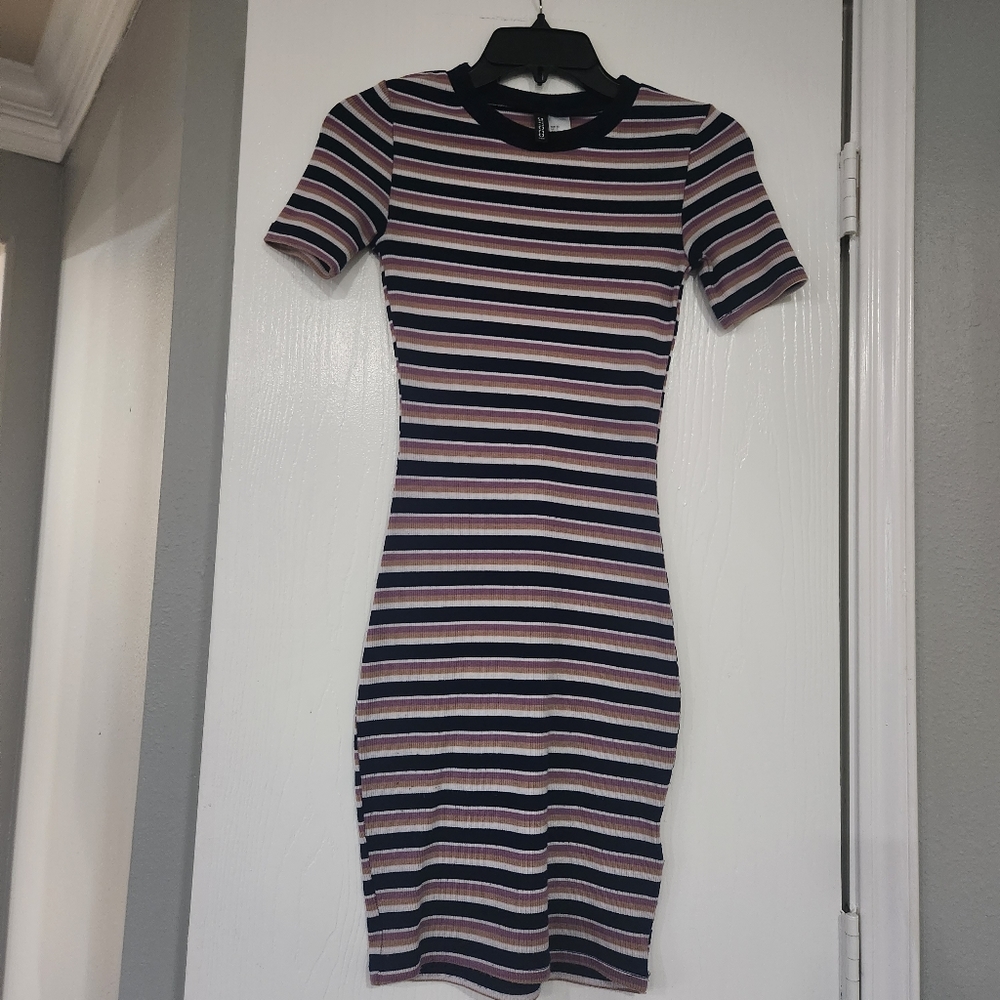 Divided Striped Midi Dress - Pink, Blue, White